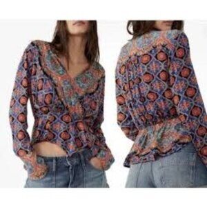 Free People Falling for‎ You Bohemian Floral Paisley V-Neck Wrap Long Sleeve Top